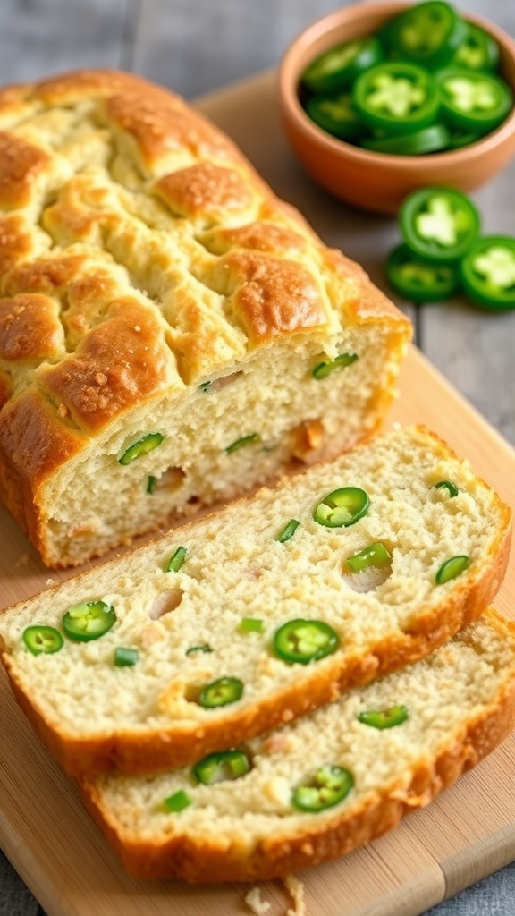 A golden loaf of jalapeño cheddar bread sliced to show the cheese and jalapeños inside, on a wooden board.